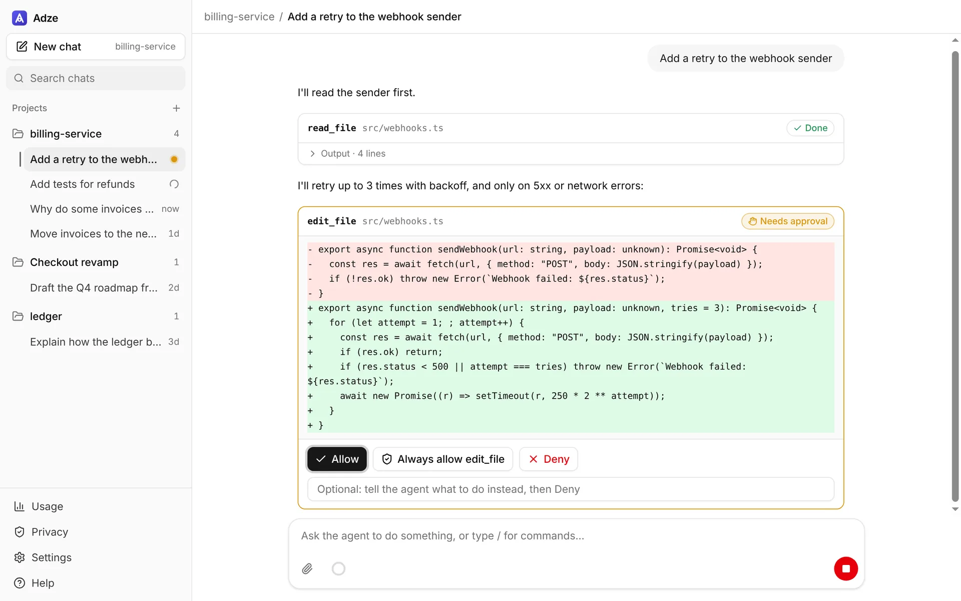 A chat waiting for approval of a file edit, shown as a diff with Allow, Always allow and Deny, while another chat works in the sidebar