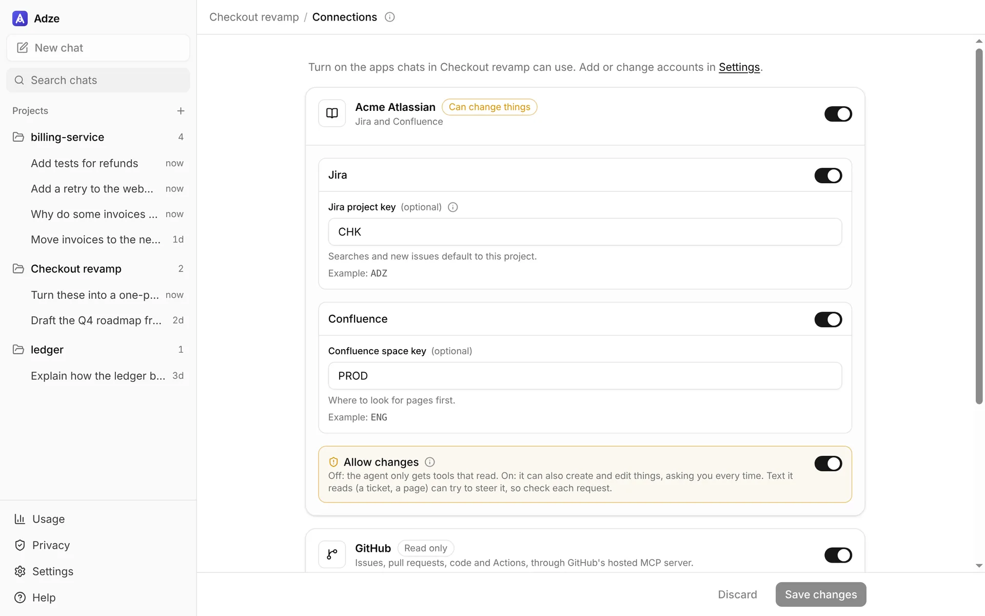 A project's connections: Jira and Confluence with a project and space key and changes allowed, and GitHub read only