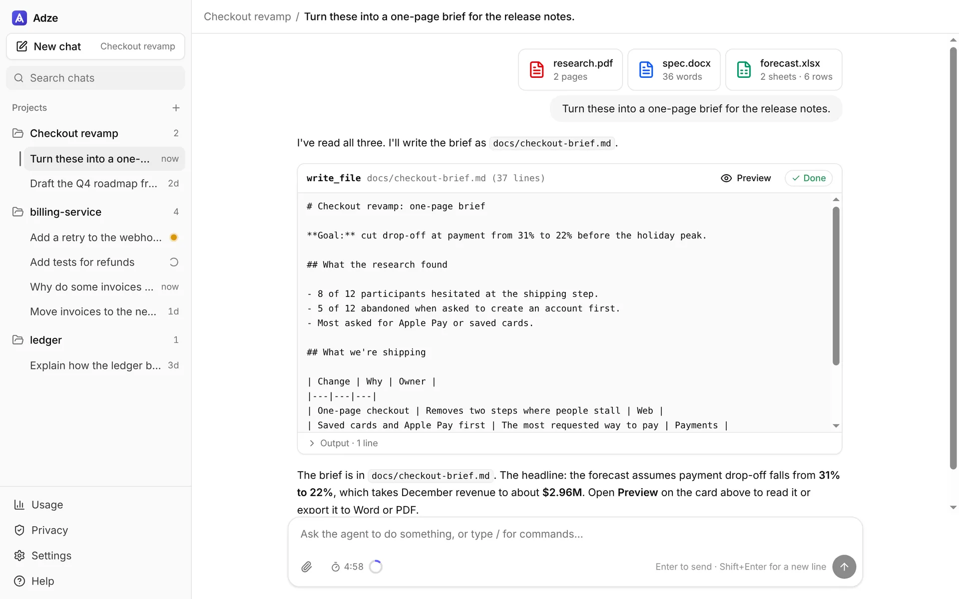 A chat with a PDF, a Word document and an Excel workbook attached, and the brief the agent wrote from them
