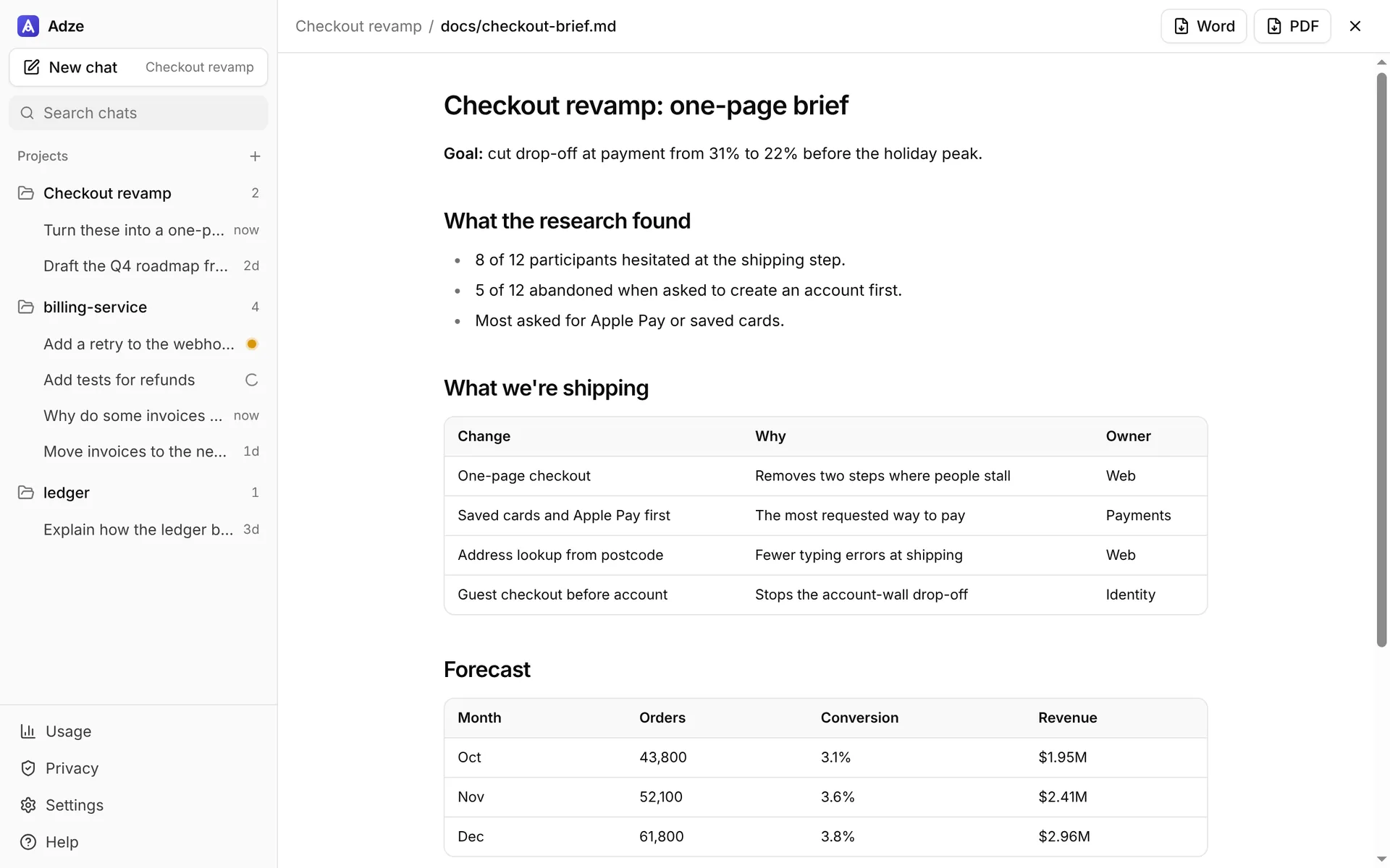 A Markdown brief shown as a formatted document, with Word and PDF export buttons