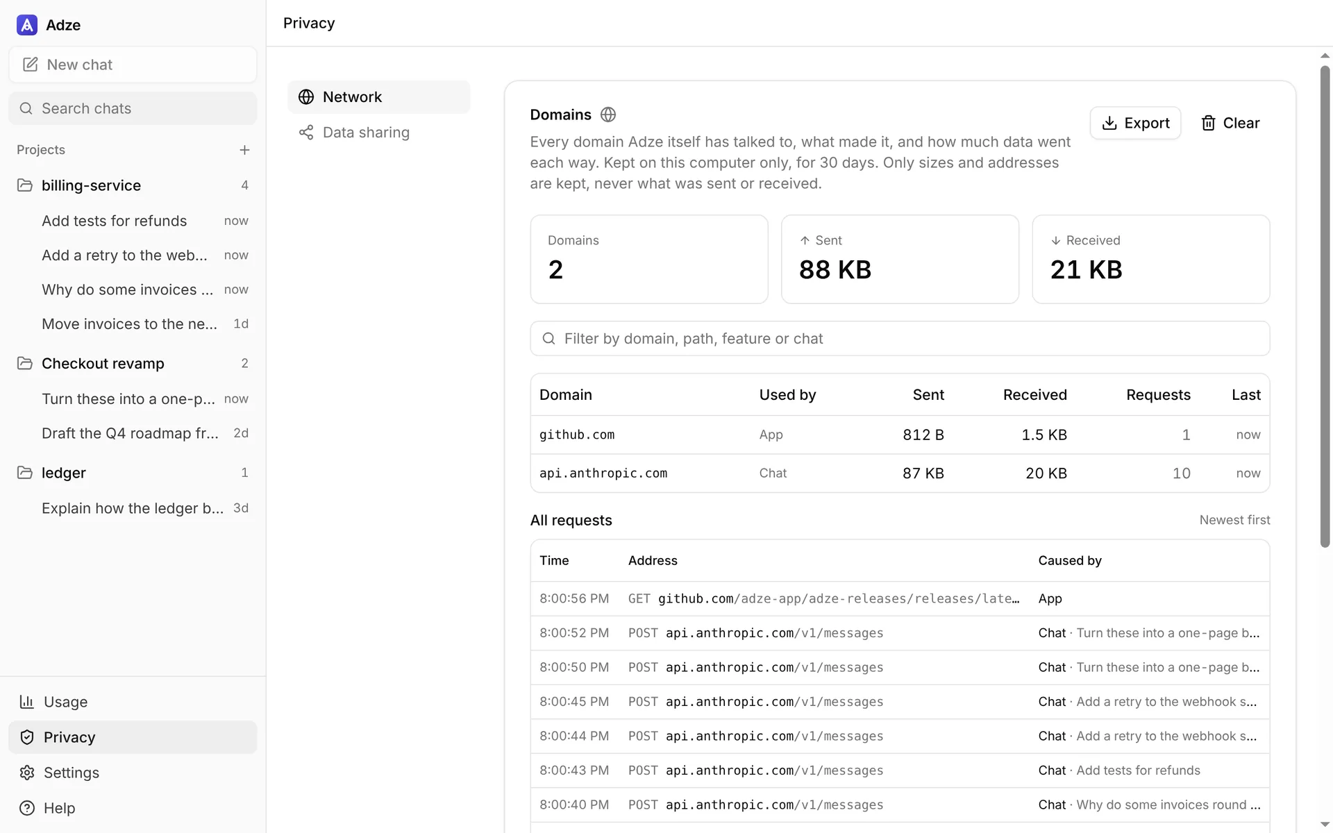 The Privacy page listing every domain the app connected to, what made each request, and how much data went each way